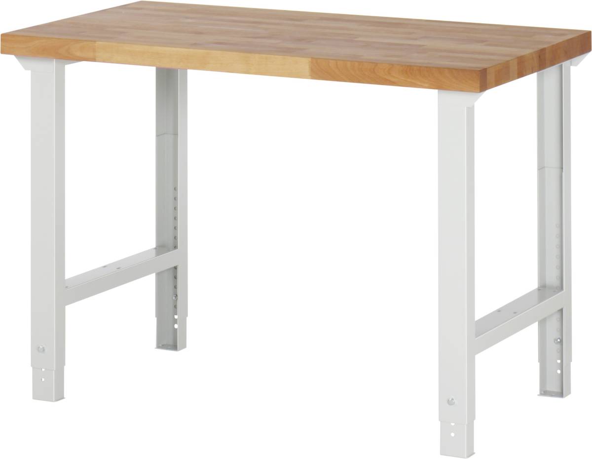 Werkbank,HxBxT 790-1140x1250x650mm,Bucheplatte,geölt,Tragl. 750kg,Lochrasterverstellung,4 Füße,RAL7035