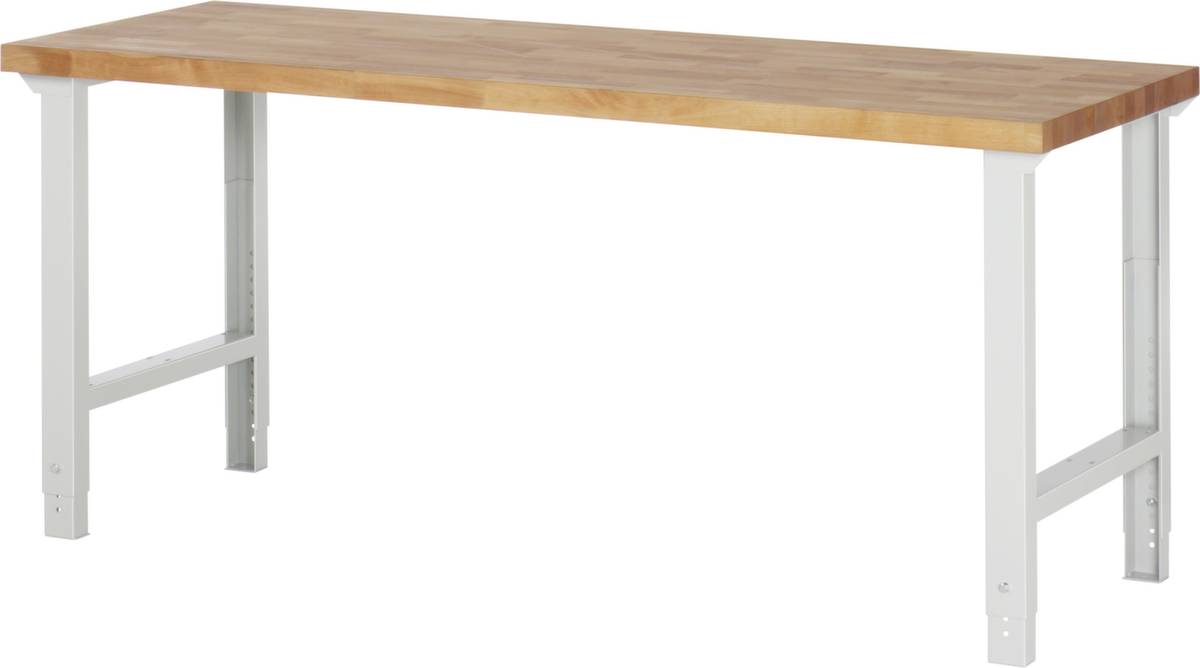Werkbank,HxBxT 790-1140x2000x650mm,Bucheplatte,geölt,Tragl. 750kg,Lochrasterverstellung,4 Füße,RAL7035