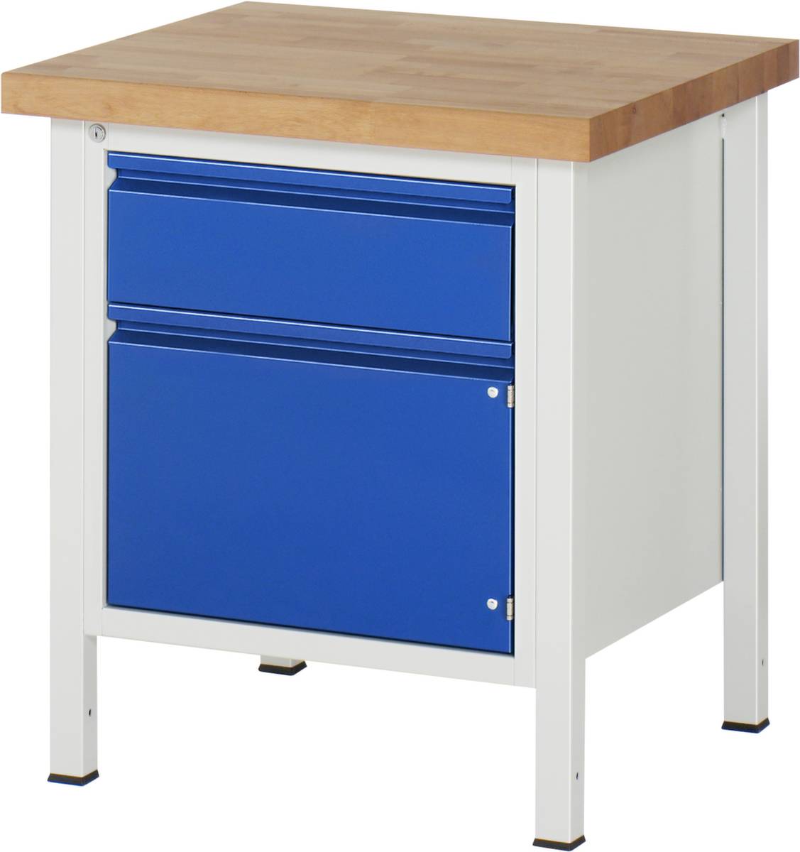 Werkbank,RAL7035/RAL5012,HxBxT 800-1000x745x700mm,Bucheplatte,Tragl. 1250kg,Lochrasterverstellung,4 Füße,1 Schublade