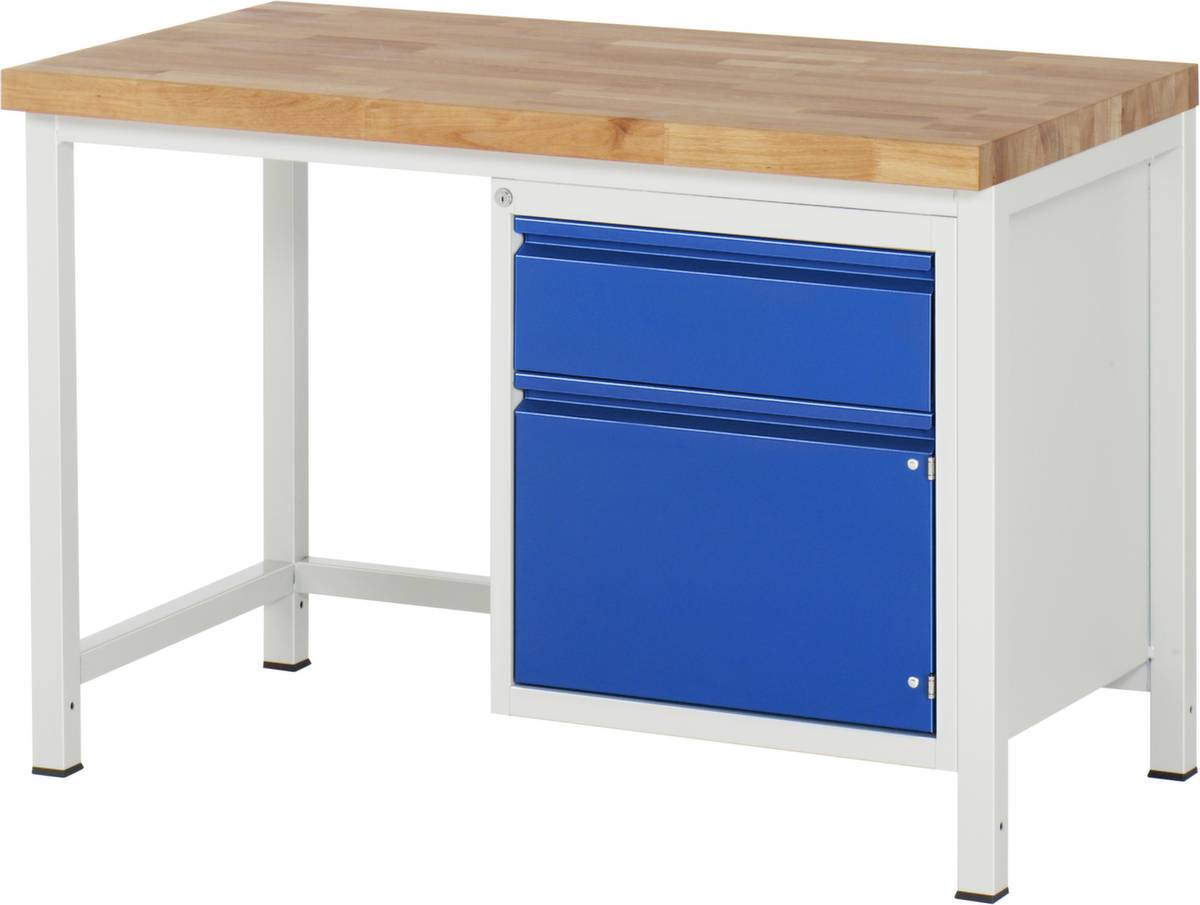 Werkbank,RAL7035/RAL5012,HxBxT 800-1000x1245x700mm,Bucheplatte,Tragl. 1250kg,Lochrasterverstellung,4 Füße,1 Schublade