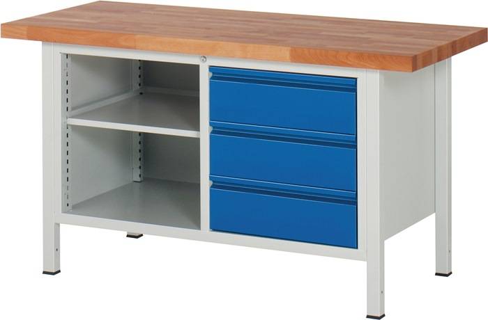 Werkbank Basic B1500xT700xH840-1040mm Buche lichtgrau/enzianblau 3Schubl.RAU