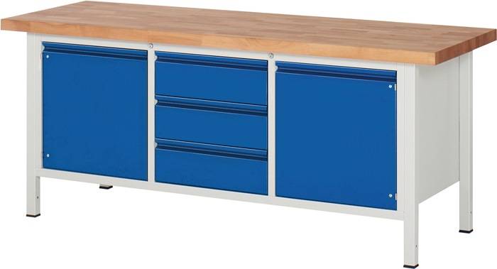 Werkbank Basic B1500xT700xH840-1040mm Buche lichtgrau enzianblau 2 Schubl.RAU