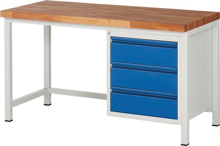 Werkbank Basic B1250xT700xH840-1040mm Buche massiv lichtgrau enzianblau 3 Schubl