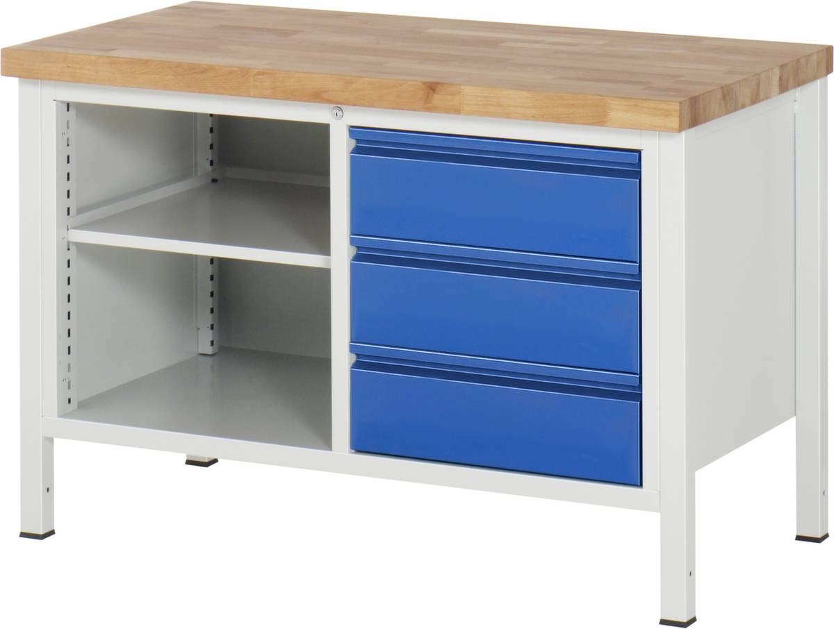 Werkbank,RAL7035/RAL5012,HxBxT 800-1000x1245x700mm,Bucheplatte,Tragl. 1250kg,Lochrasterverstellung,4 Füße,3 Schubladen