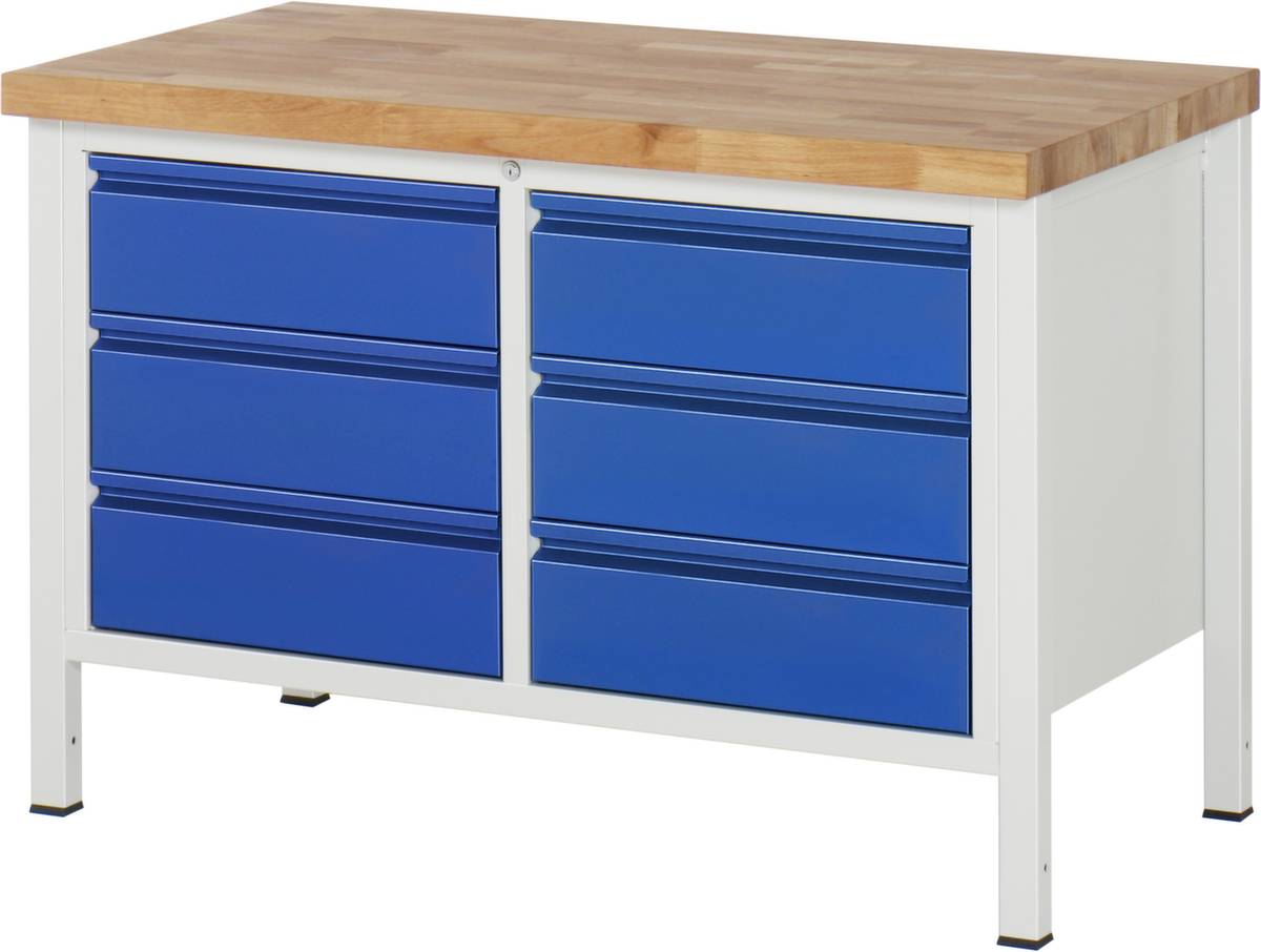 Werkbank,RAL7035/RAL5012,HxBxT 800-1000x1245x700mm,Bucheplatte,Tragl. 1250kg,Lochrasterverstellung,4 Füße,6 Schubladen