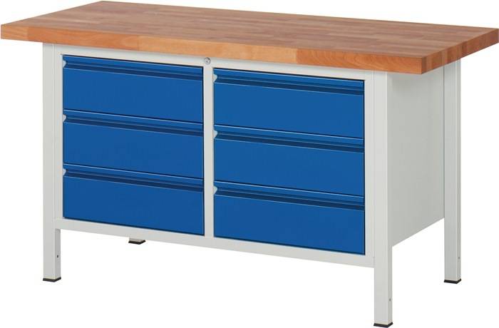 Werkbank Basic B1500xT700xH840-1040mm Buche lichtgrau/enzianblau 6Schubl.RAU