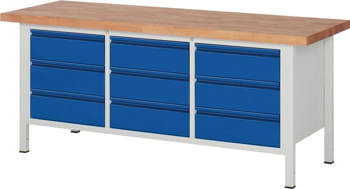 Werkbank Basic B2000xT700xH840-1040mm Buche lichtgrau enzianblau 9Schubl.RAU