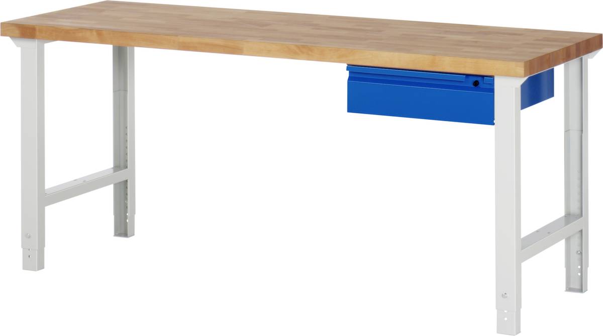 Werkbank,RAL7035/RAL5010,HxBxT 790-1140x2000x650mm,Bucheplatte,Tragl. 750kg,4 Füße,1 Schublade,Zentralverschl.,RAL7035