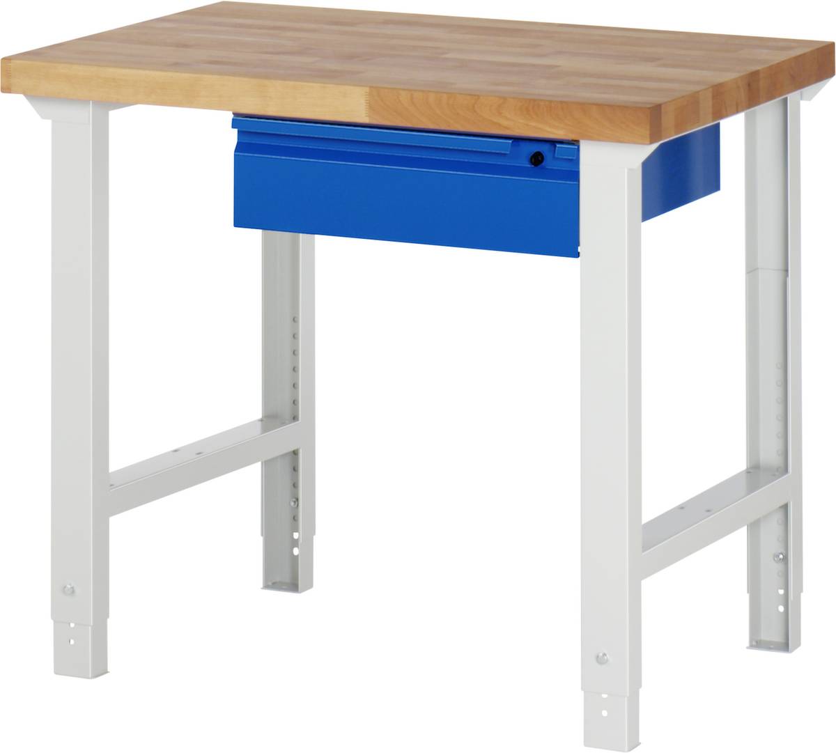 Werkbank,RAL7035/RAL5010,HxBxT 790-1140x1000x650mm,Bucheplatte,Tragl. 750kg,4 Füße,1 Schublade,Zentralverschl.,RAL7035