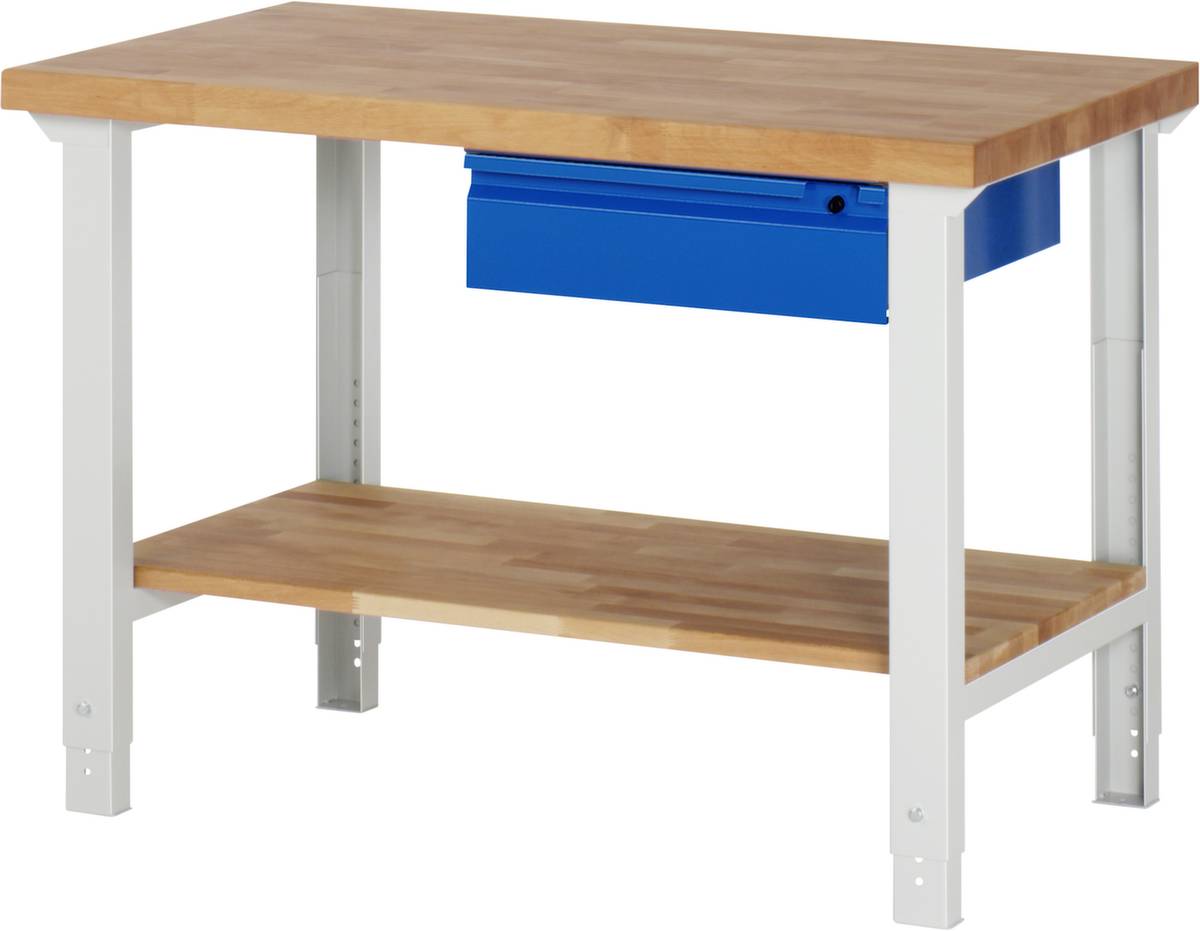 Werkbank,RAL7035/RAL5010,HxBxT 790-1140x1250x650mm,Bucheplatte,Tragl. 750kg,4 Füße,1 Schublade,1 Ablageboden