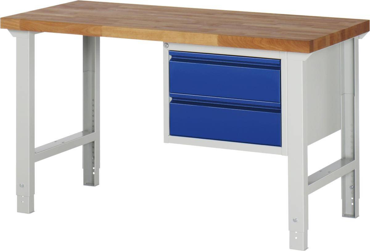 Werkbank,RAL7035/RAL5010,HxBxT 790-1140x1500x650mm,Bucheplatte,Tragl. 750kg,4 Füße,2 Schubladen,Zentralverschl.,RAL7035