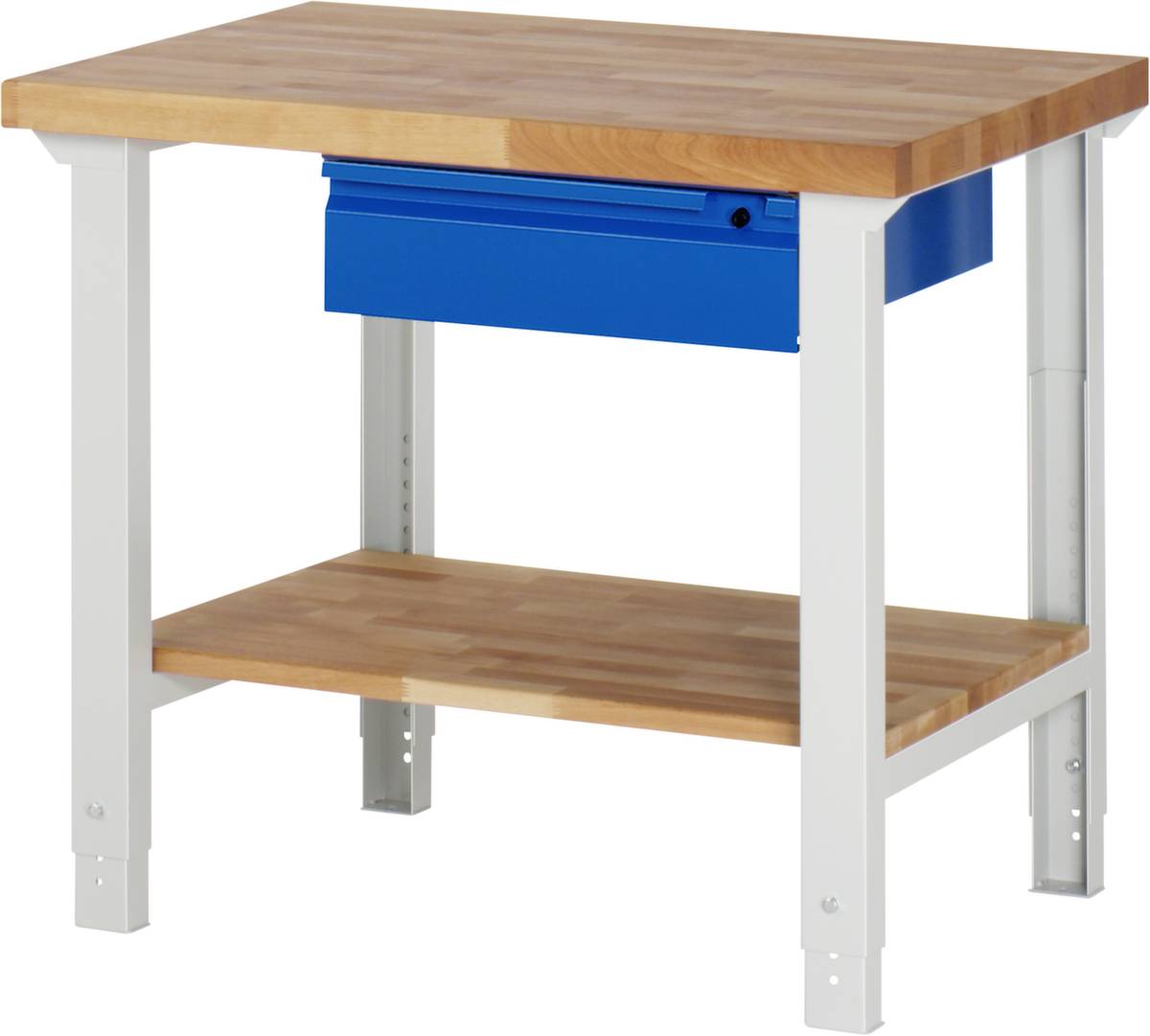 Werkbank,RAL7035/RAL5010,HxBxT 790-1140x1000x650mm,Bucheplatte,Tragl. 750kg,4 Füße,1 Schublade,1 Ablageboden