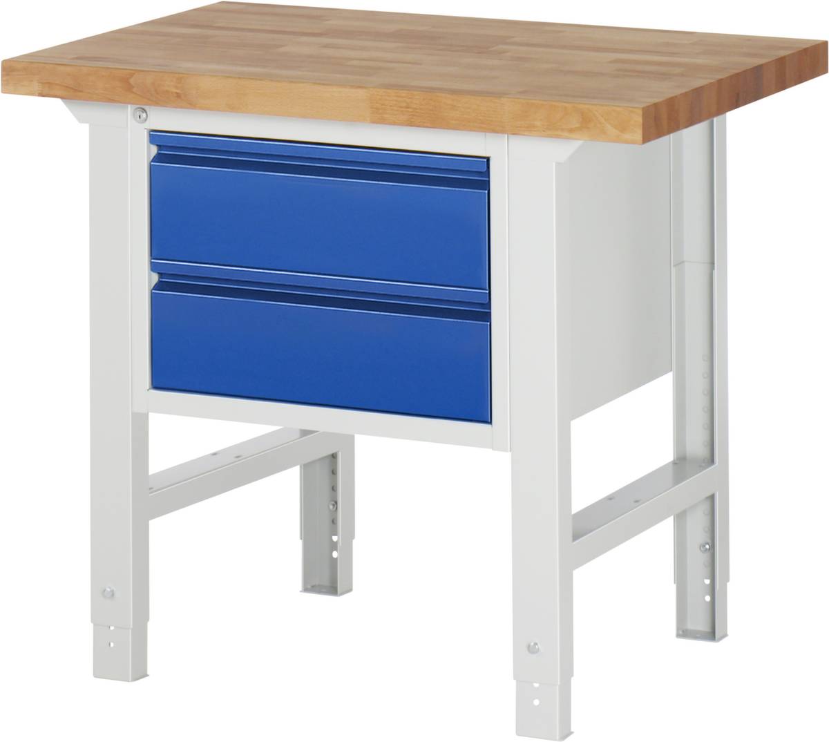 Werkbank,RAL7035/RAL5010,HxBxT 790-1140x1000x650mm,Bucheplatte,Tragl. 750kg,4 Füße,2 Schubladen,Zentralverschl.,RAL7035