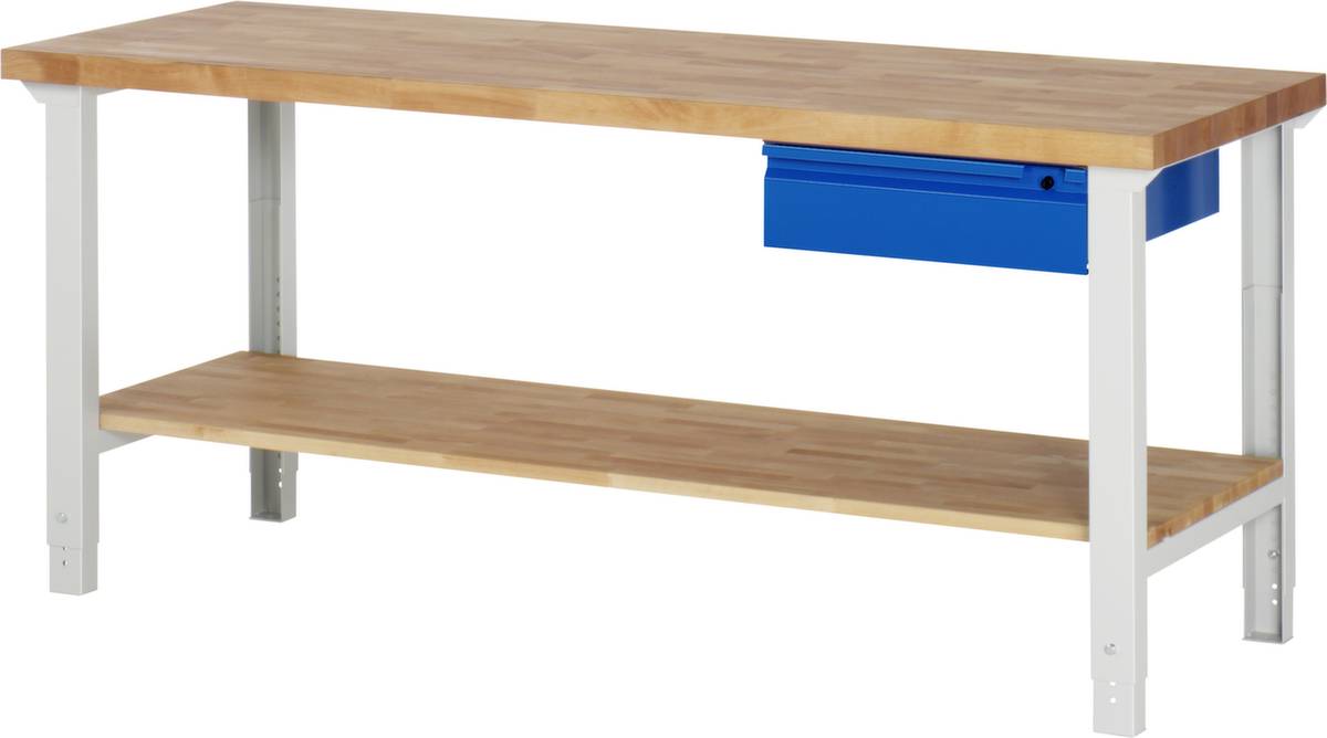 Werkbank,RAL7035/RAL5010,HxBxT 790-1140x2000x650mm,Bucheplatte,Tragl. 750kg,4 Füße,1 Schublade,1 Ablageboden