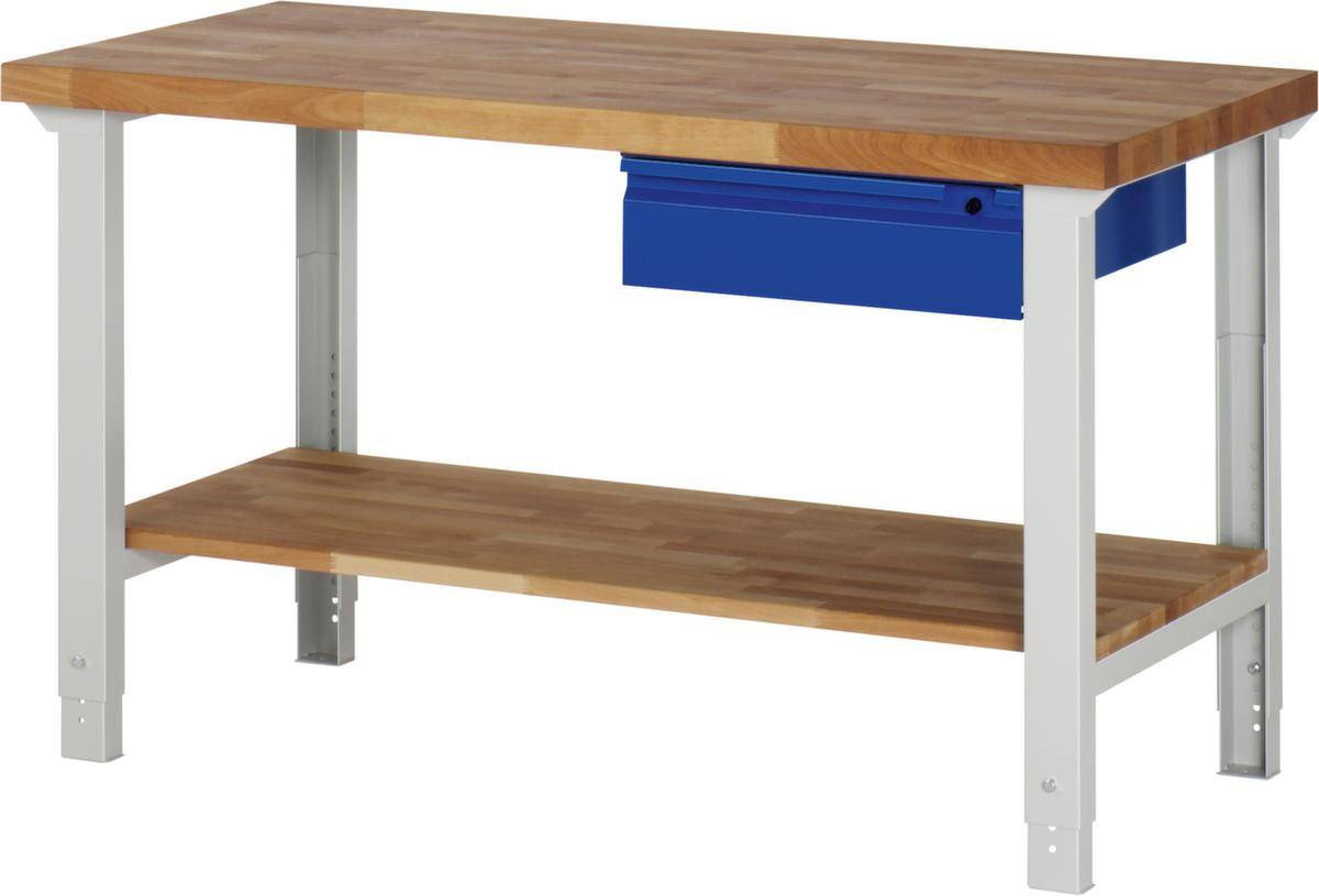 Werkbank,RAL7035/RAL5010,HxBxT 790-1140x1500x650mm,Bucheplatte,Tragl. 750kg,4 Füße,1 Schublade,1 Ablageboden