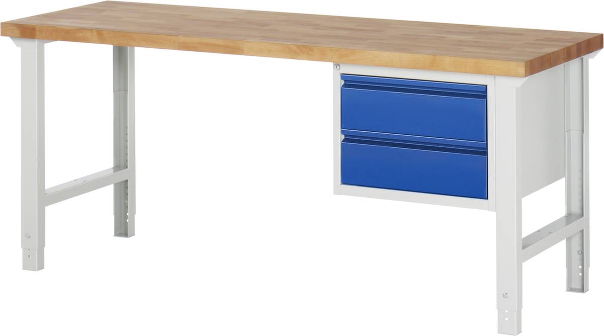 Werkbank,RAL7035/RAL5010,HxBxT 790-1140x2000x650mm,Bucheplatte,Tragl. 750kg,4 Füße,2 Schubladen,Zentralverschl.,RAL7035