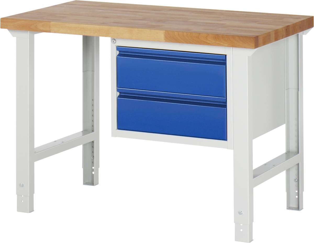 Werkbank,RAL7035/RAL5010,HxBxT 790-1140x1250x650mm,Bucheplatte,Tragl. 750kg,4 Füße,2 Schubladen,Zentralverschl.,RAL7035