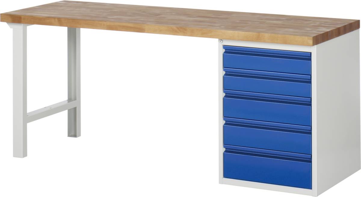 Werkbank,RAL7035/RAL5010,HxBxT 890x2000x650mm,Bucheplatte,Tragl. 1000kg,2 Füße/1 Schrankblock,5 Schubladen