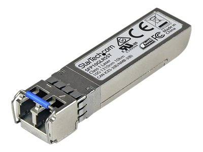 Ein Metall-Faseroptik-Transceiver-Modul mit blauem Verriegelungsstecker, beschriftet mit StarTech.com, auf weißem Hintergrund gezeigt.