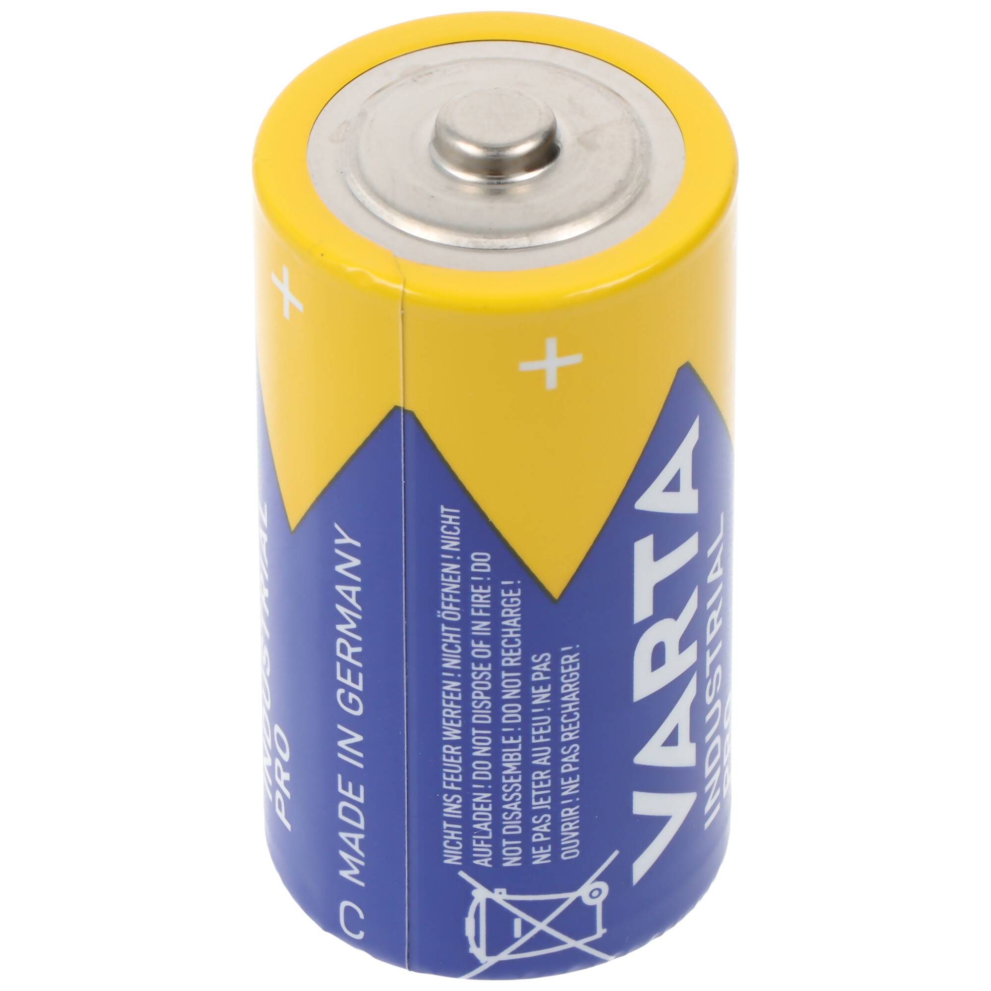 Nahaufnahme einer gelb-blau gestreiften Narta-Alkali-Batterie, die aufrecht steht, mit sichtbarem Text 