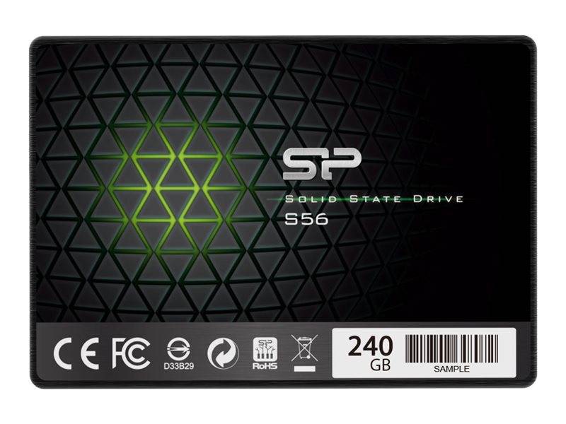 Schwarzes SP S56 Solid-State-Laufwerk mit einer Bezeichnung von 240 GB mit grünem Dreiecksmuster und Produktlogos auf der Vorderseite.