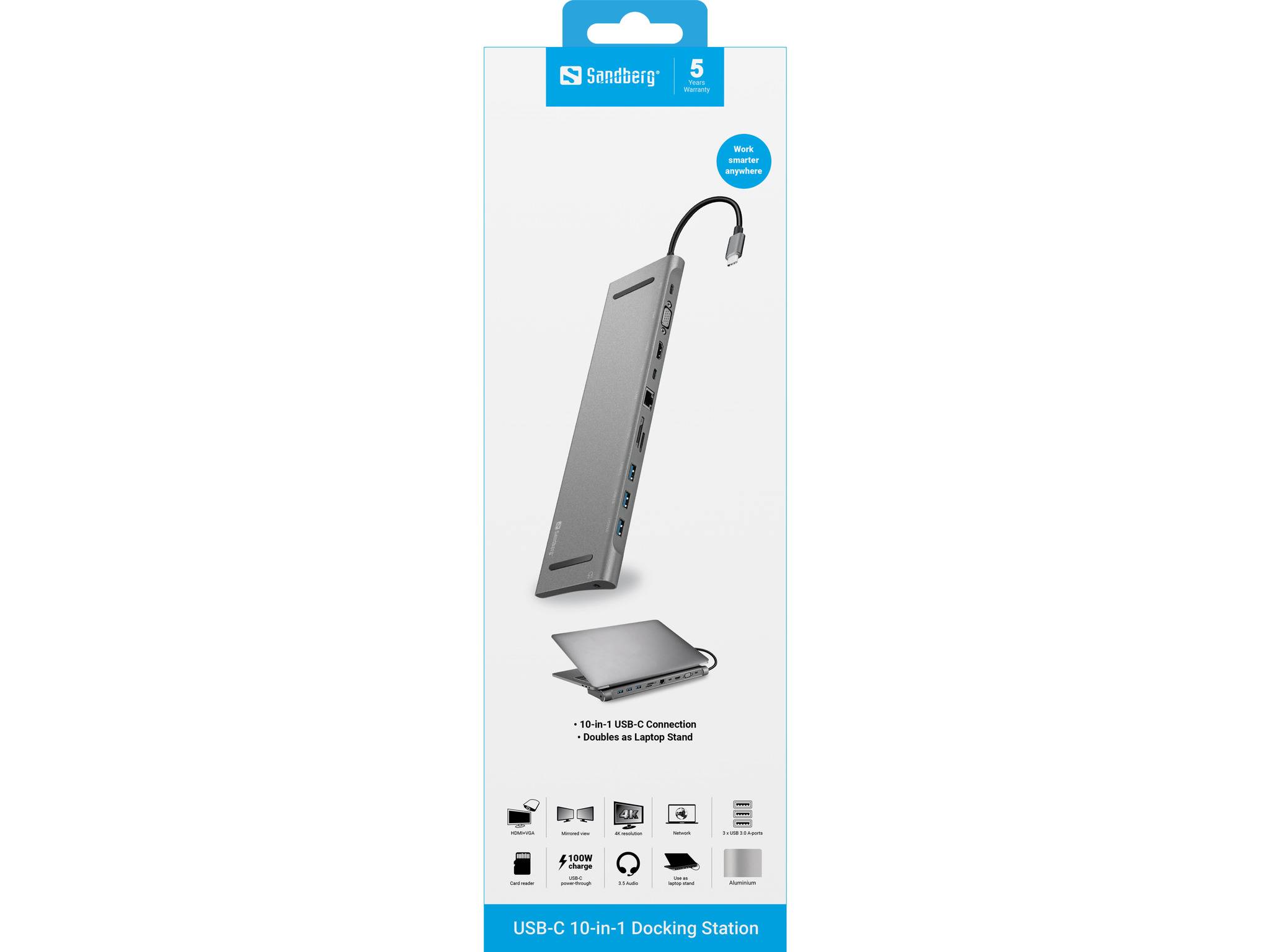 Verpackung für eine Sabrent USB-C 10-in-1 Dockingstation mit silbernem Hub mit angeschlossenem Kabel und Anschlusssymbolen für die Laptop-Konnektivität.