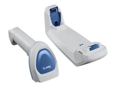 Zwei tragbare Zebra-Barcode-Scanner-Wiegen/Docks auf weißem Hintergrund, eines aufrecht stehend und eines flach liegend.