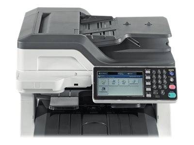 Multifunktionsdrucker für das Büro mit Touchscreen-Bedienfeld, Tastatur und Dokumenteneinzug oben.