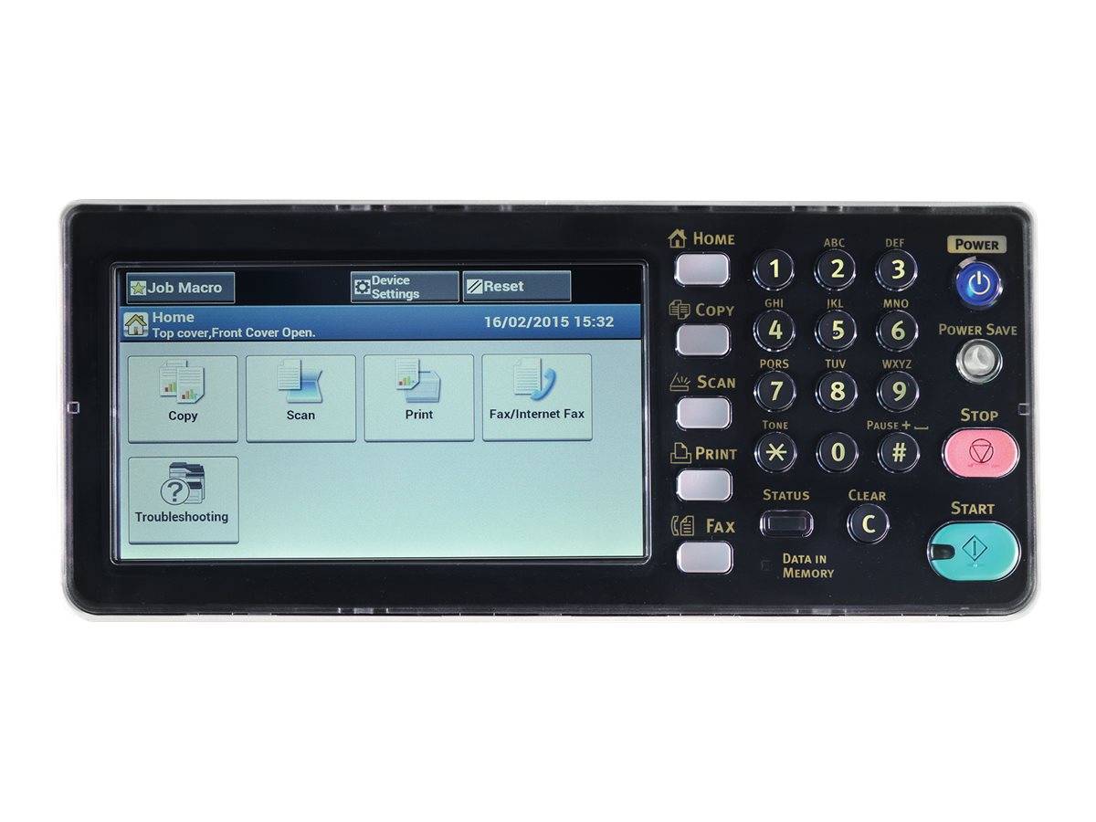 Schwarzes Multifunktionsdruckerpaneel für das Büro mit Touchscreen mit Kopier-, Scan-, Druck-, Fax- und Fehlerbehebungsoptionen sowie Tastatur und Start-/Stoppschaltflächen.