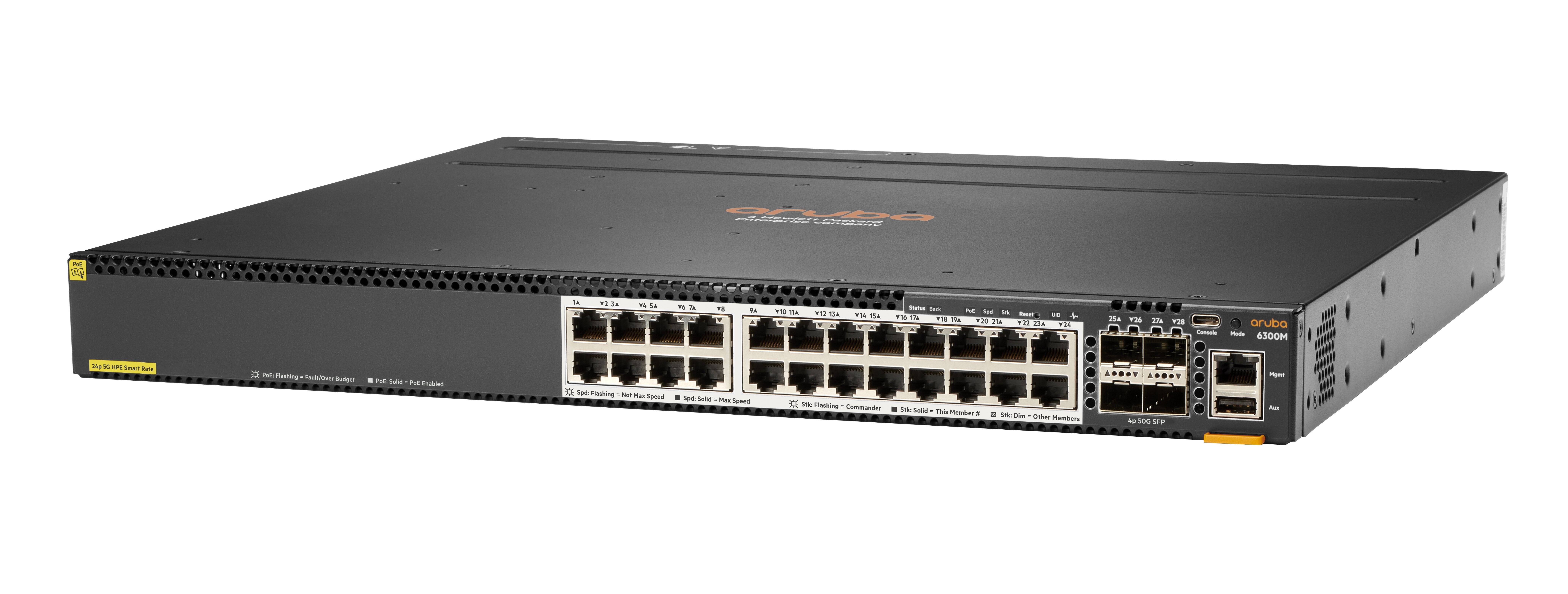 Vorderansicht eines Rack-Mount-Ethernet-Netzwerk-Switches mit mehreren RJ45-Anschlüssen und einigen Uplink-Modulen auf weißem Hintergrund
