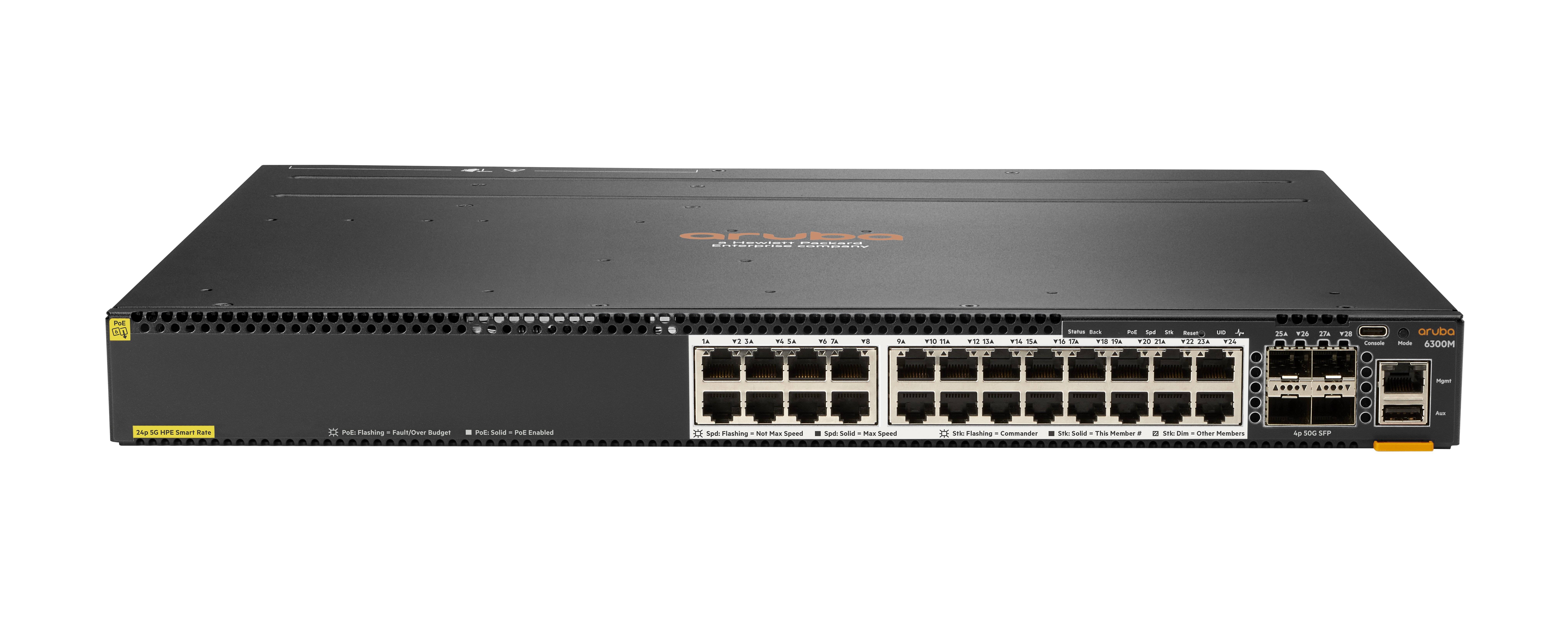 Vorderansicht eines Netzwerk-Switches mit 24 Ethernet-Anschlüssen und zusätzlichen Uplink-Ports auf der rechten Seite, dargestellt auf weißem Hintergrund.