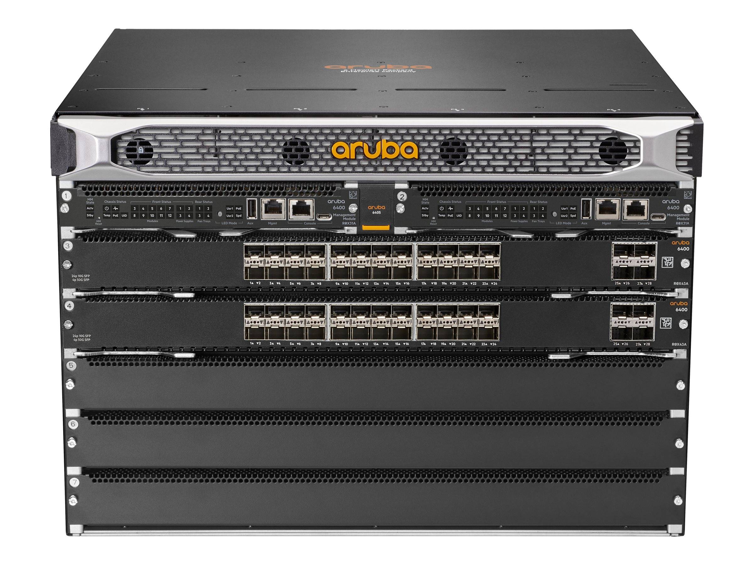 HPE Aruba 6405 48SFP+ 8SFP56 - Switch - L3 - managed - 48 x 1 Gigabit / 10 Gigabit SFP+ + 8 x 1 Gigabit / 10 Gigabit / 25 Gigabit / 50 Gigabit