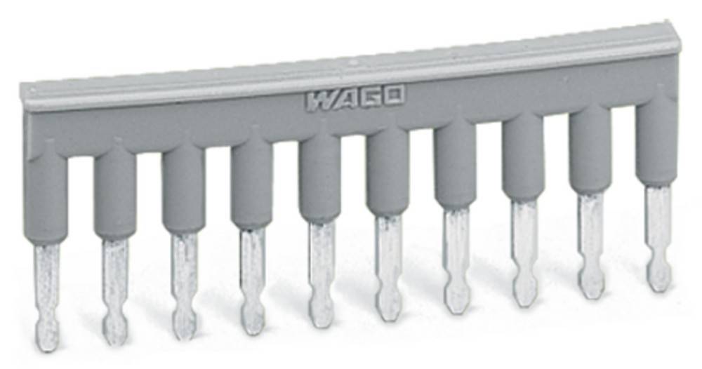 Graues elektrisches Anschlussgehäuse der Marke WAGO mit mehreren nach unten gerichteten Metallstiften, verwendet zum Verbinden und Sichern von Kabeln.