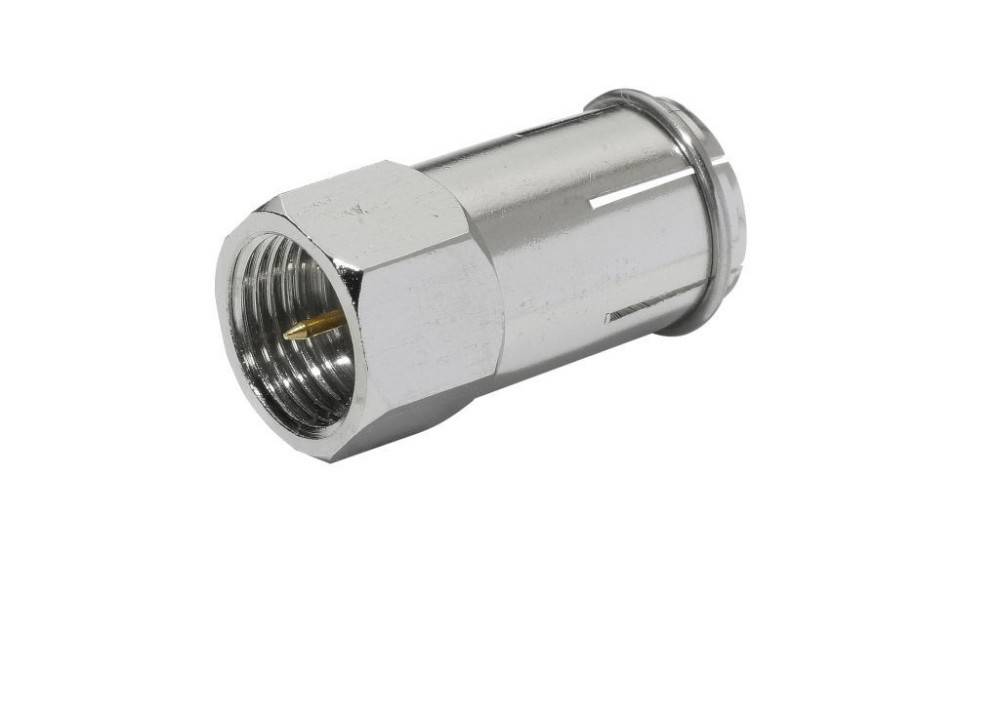Ein Metallkoaxialkabelstecker mit gewindetem sechskantigen Weibchen und geschlitztem zylindrischem Gehäuse auf weißem Hintergrund.