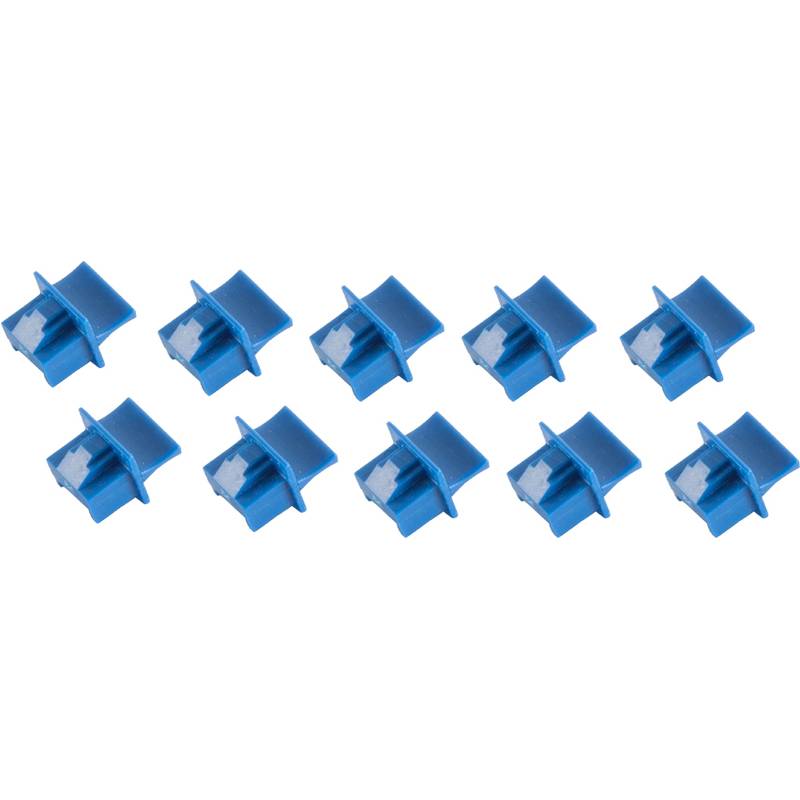 Neun blaue Kunststoff-Trichterkappen oder Düsenkappen in zwei versetzten Reihen auf weißem Hintergrund angeordnet.