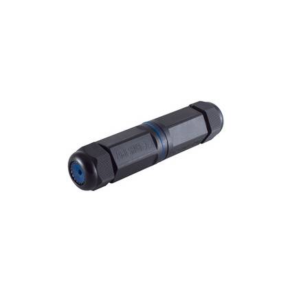 Schwarzer zylindrischer wasserdichter Steckverbinder für Kabel mit blauem Einsatz, dargestellt auf weißem Hintergrund.