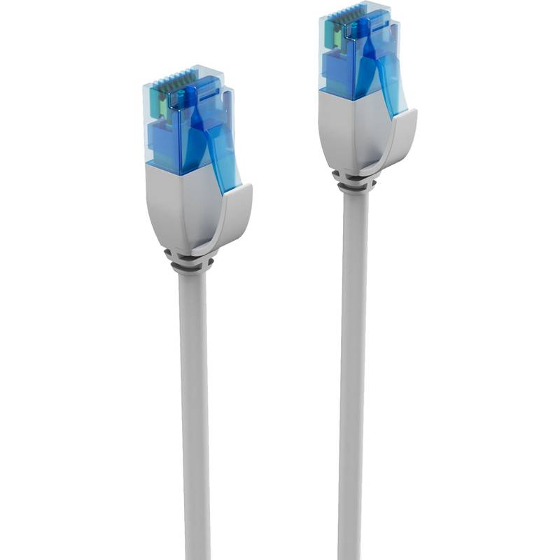 Zwei graue Ethernet-Kabel mit blauen RJ45-Steckern auf weißem Hintergrund gezeigt.
