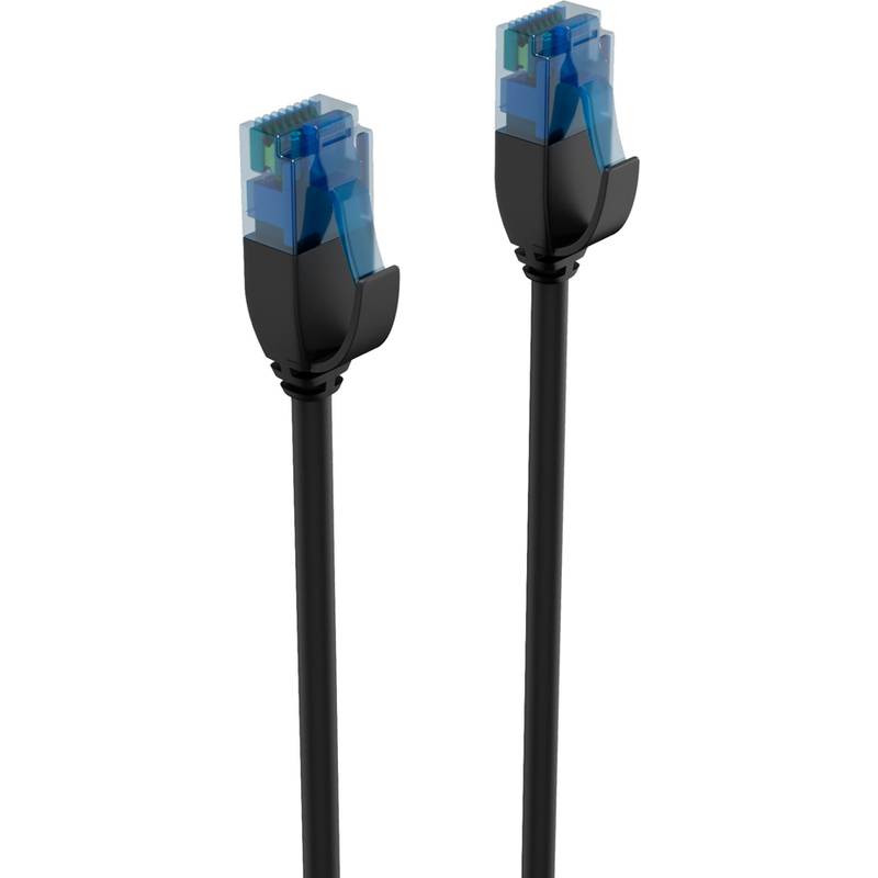 Zwei schwarze Ethernet-Kabel mit transparenten RJ45-Steckverbindern nebeneinander auf weißem Hintergrund dargestellt.