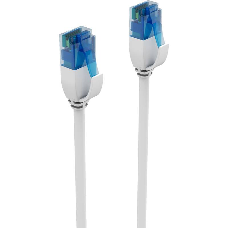 Zwei Ethernet-Kabelenden mit transparenten blauen RJ45-Steckern, nebeneinander auf weißem Hintergrund dargestellt.