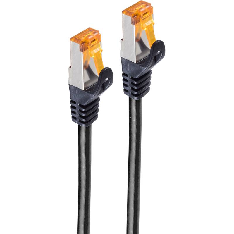Zwei schwarze Ethernet-Netzwerkkabel mit durchsichtigen orangefarbenen RJ45-Steckverbindern auf weißem Hintergrund.