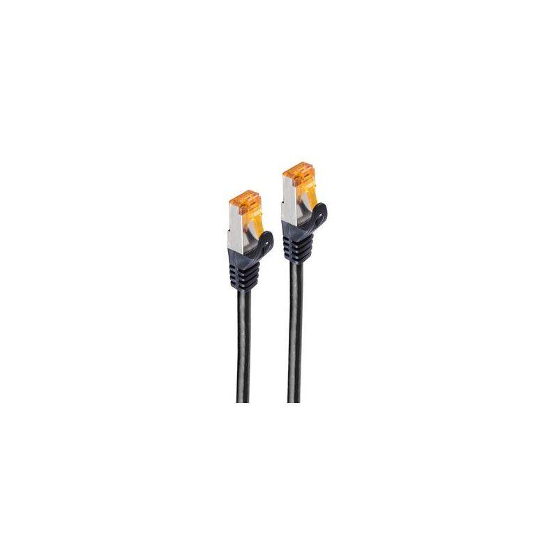 Zwei schwarze Ethernet-Kabel mit orangefarbenen RJ45-Steckern auf weißem Hintergrund.