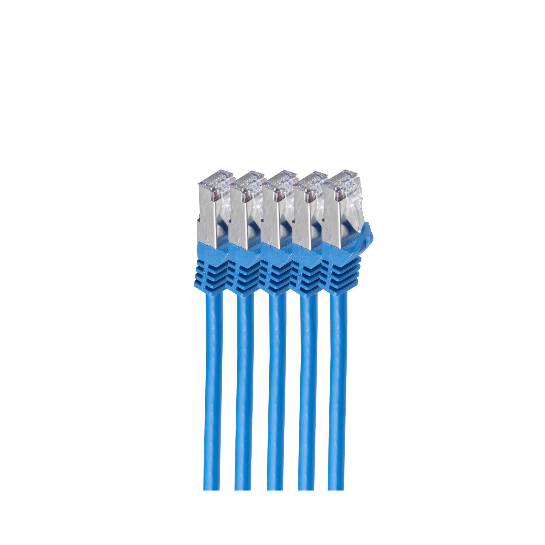 Fünf blaue Ethernet-Netzwerkkabel mit RJ45-Steckern, die auf weißem Hintergrund zusammengefasst sind.