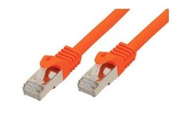Zwei orangefarbene Ethernet-Kabel mit RJ45-Steckern, gezeigt auf weißem Hintergrund.