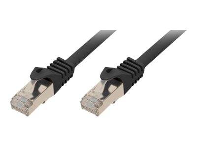 Zwei schwarze Ethernet-Kabel mit RJ45-Steckern auf weißem Hintergrund.
