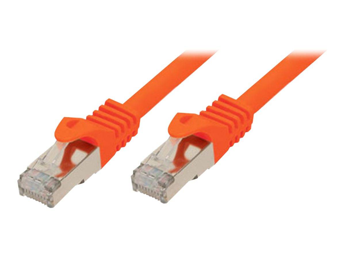 Zwei orangefarbene Ethernet-Kabel mit RJ45-Steckern auf weißem Hintergrund gezeigt.