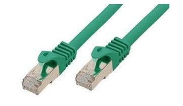 Zwei grüne Ethernet-Kabel mit RJ45-Steckern auf weißem Hintergrund dargestellt.