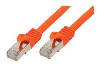 Zwei orange Ethernet-Netzwerkkabel mit RJ45-Steckern auf weißem Hintergrund.