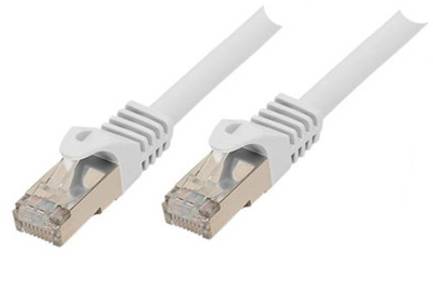 Zwei graue Ethernet-Kabel mit RJ45-Steckern auf weißem Hintergrund gezeigt.