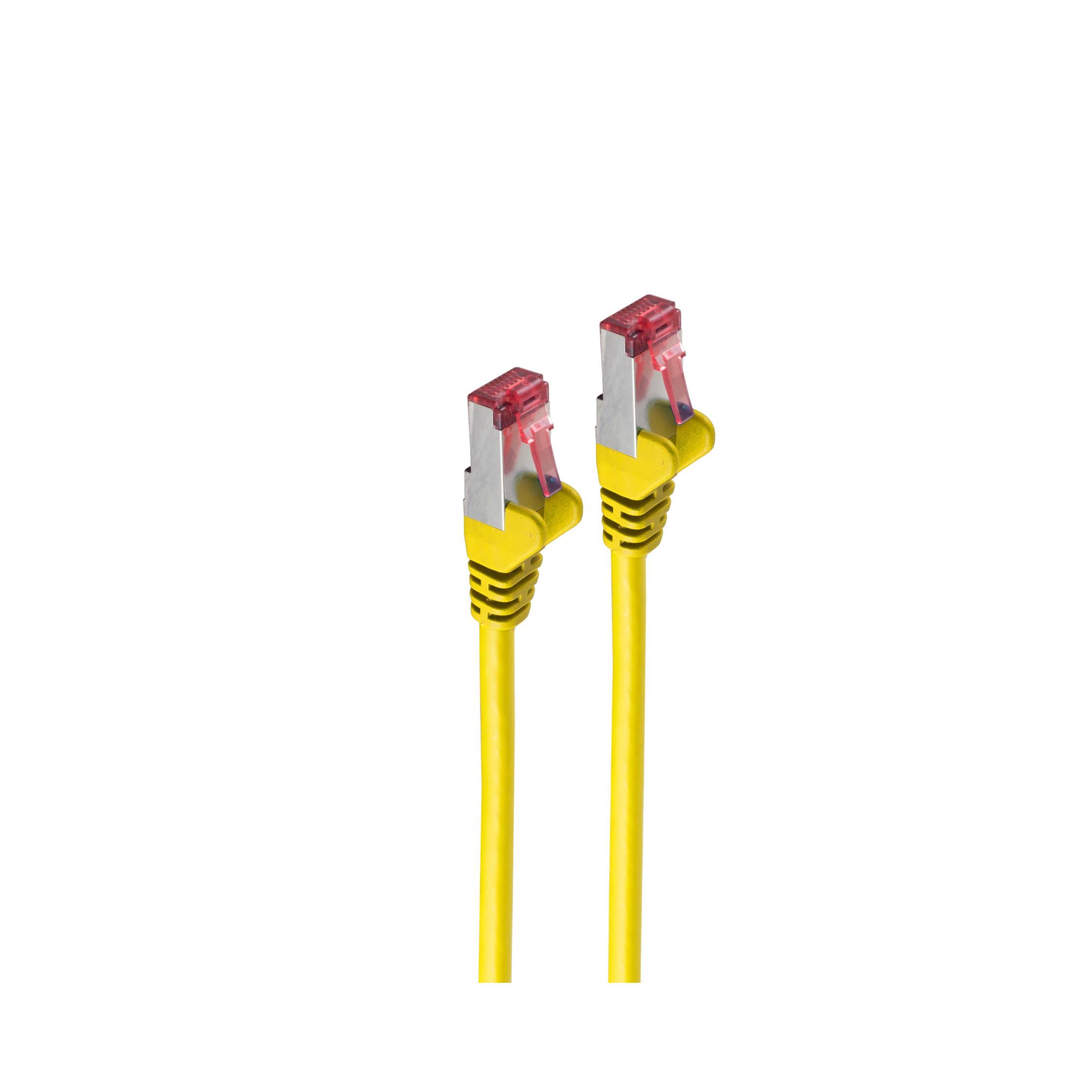 Zwei gelbe Ethernet-Netzwerkkabel mit RJ45-Steckern auf weißem Hintergrund.
