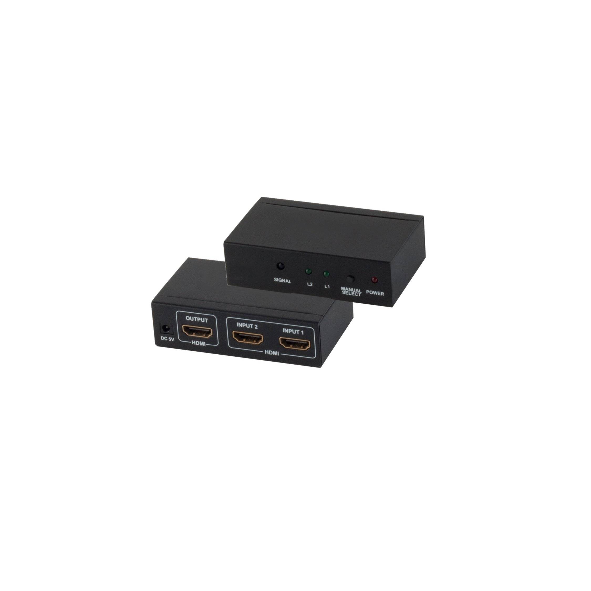 Schwarze HDMI-Switchbox mit einem Ausgang, zwei Eingängen, Status-LEDs und einem Stromanschluss, abgebildet mit ihrer entsprechenden oberen Einheit